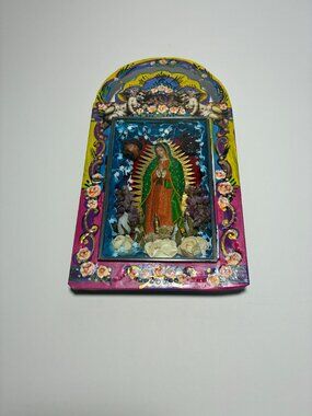 Handmade Painted Mexican Folk Art Virgin Guadalupe Metal Shadow Box -Mix Media-